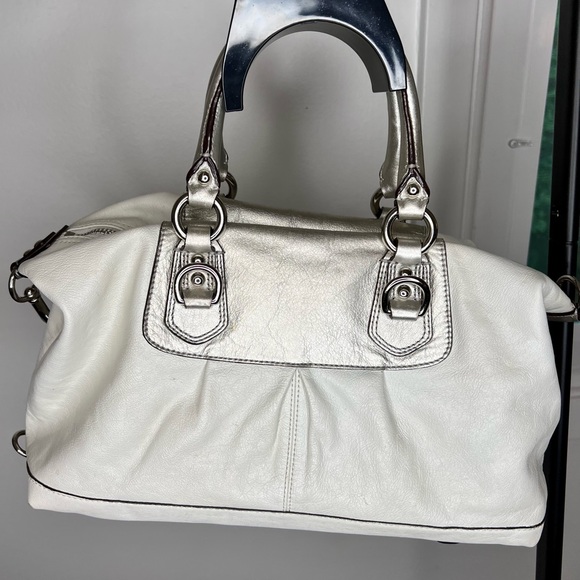 RARE Coach Ashley Leather Satchel White and Silver with Strap - Picture 7 of 9